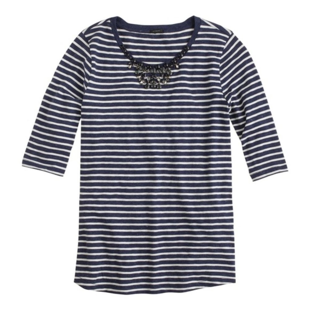 J. CREW Top Jewel Neck Painter Tee Navy Blue Striped Embellished 3/4 Shirt XS